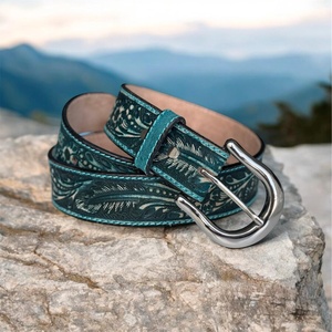 2025 Vintage Western Cowboy hommes fait à la main en cuir véritable ceinture longueur personnalisée avec relief clouté pour boucle cheval conception de cheveux - Product Image 2