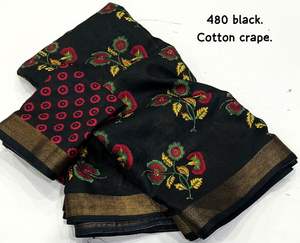 Nuevo Sari de Crepé de Algodón Suave para Mujer con Diseños Florales y Butti, Borde de Pallu, Blusa con Estampado, Hecho en India - Product Image 5