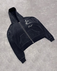 Personalizado desgastado bordado cremallera sudaderas gráfico pesado de gran tamaño de algodón Streetwear Vintage ácido lavado Zip up hombres Sudadera con capucha - Product Image 3