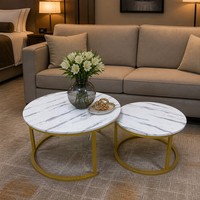 Ensemble de table basse ronde moderne de luxe en verre trempé et MDF avec pieds en métal doré pour la maison, le salon, l'hôtel, élégant