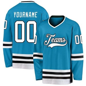 Maillot de hockey sur glace unisexe personnalisé pour équipes, blanc et bleu, col en V, impression sublimée, respirant, anti-UV, évacuation de l'humidité, manches longues - Product Image 3