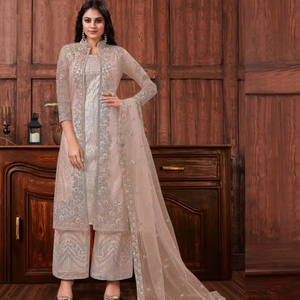 Vêtements indiens et pakistanais pour adultes Filet élégant Plazzo avec veste Designs New Designer Suits - Product Image 1