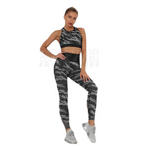 Vêtements de sport personnalisés avec logo, vêtements de fitness pour femmes, taille mi-haute, ensemble de yoga deux pièces, soutien-gorge et leggings, uni, 100% coton respirant - Product Image 1