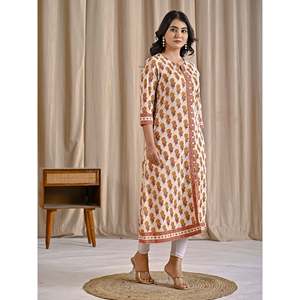 Kurti Aline de Algodón Estampado con Bloques Butti Blanco y Amarillo, Ropa Regional - Product Image 6