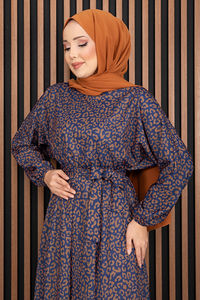 Vestido Hijab con Cinturón y Estampado de Leopardo Estilo Medio Oriente para Mujer, Algodón, Azul Marino, Venta al Por Mayor - Product Image 3