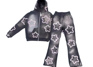 Chándales con cremallera OEM personalizados Sun Faded Street wear Logo conjuntos de dos piezas para hombre estampado estrella diseño Unisex tela de alta calidad - Product Image 4