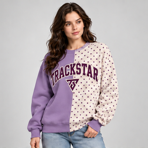 Sweat-shirt à col rond pour femme, à pois, bicolore lilas et ivoire, manches longues, style universitaire, Trackstar OEM Private Label - Product Image 4