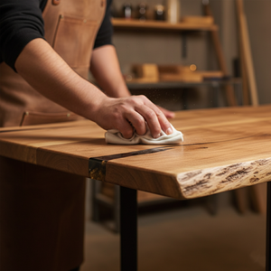 Table à manger en bois d'acacia massif fabriqué à la main incrustation d'époxy subtile taille personnalisable pieds en métal enduit de poudre ferme hôtel/villa - Product Image 3