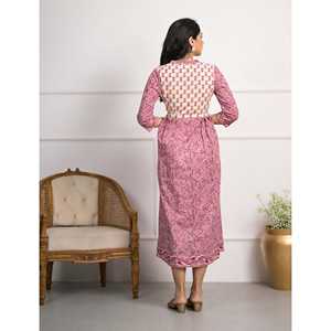 Vestido largo de algodón rosa con estampado de bloques para mujer, estilo A-line, transpirable, casual, elegante, hippie, talla única, largo hasta el suelo, para discoteca de día. - Product Image 5