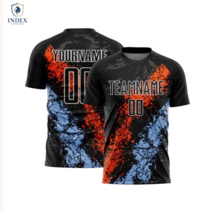 เสื้อฟุตบอลผู้ชายแบบซับลิเมชั่น ยี่ห้อ Index Apparel คอกลม แขนสั้น สีน้ำเงิน ส้ม ดำ ทรงแอธเลติก ระบายเหงื่อได้ดี - Product Image 1