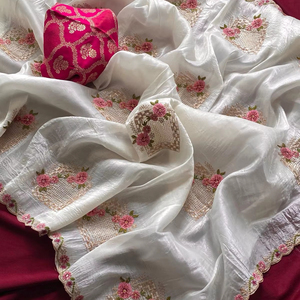 ผ้าไหมกระดาษบริสุทธิ์ปักลายดอกไม้สวยงามทั่วส่าหรีที่สมบูรณ์แบบสำหรับทุกงานปาร์ตี้ - Product Image 1