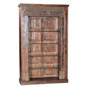 Antique Mango Wooden File Cabinet Glass Door Hand Carved Bookrack for Home Entry Top Selling Industrial Solid Wood Furniture - Product Image 1