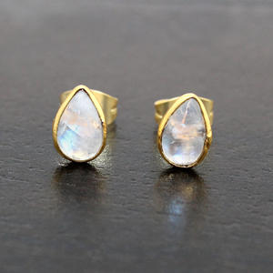 Delicate Natural White Rainbow Moonstone Pear Shape 5x7MM 24k Gold Plated Bezel <b>Stud</b> <b>Earrings</b> For <b>Girls</b> Women Wholesale Jewelry - Product Image 4