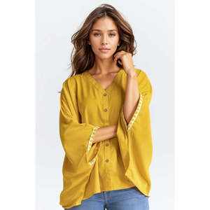 Blusa de Chifón Color Mostaza para Mujer con Bordado, Lentejuelas y Decoración de Encaje, Talla XL, Formal, con Cuello con Volantes y Lazo, WM-CS-SS24-075 - Product Image 1