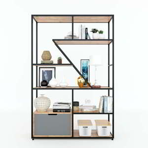 Meuble de salon de style industriel, étagère en bois d'hévéa avec structure en fer et armoire inférieure 120x35x180cm KTB68073 - Product Image 2
