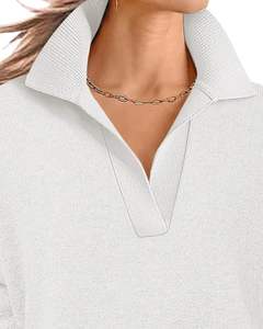 <b>Women</b> <b>White</b> Collared V Neck Knit Sweater Long Sleeve Loose Fit Soft Winter Pullover Casual Elegant Daily Wear Top For <b>Women</b> - Product Image 4