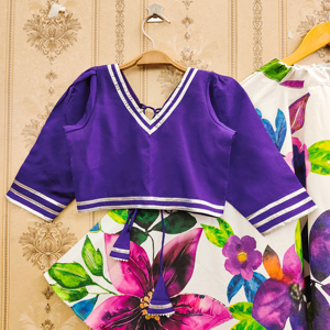 Conjunto de Lehenga Choli Infantil con Estampado Floral Abstracto de Durga, Dupatta Ligero, Largo hasta el Suelo, Moderno, para Fiestas Festivas, Niña, Diwali - Product Image 2