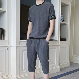 New Arrival Men's Textured <b>T</b>-Shirt & Shorts Set Casual Summer 2 Piece Outfit OEM Custom Streetwear Breathable Lounge Wear <b>Tracks</b> - Product Image 2