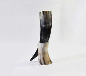 Authentic Handcrafted Polished <b>Black</b> And White Buffalo Horn Drinking Horn Mead Vessel With Matching Horn Stand Traditional - Product Image 5
