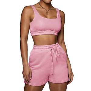 Vente en gros de shorts 100% coton solides et décontractés ensemble de vêtements de sport pour femmes crop top deux pièces et short à cordon - Product Image 1