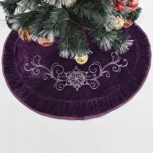 도매 보라색 벨벳 크리스마스 트리 스커트 자수 풍부하고 고귀한 꽃 장식