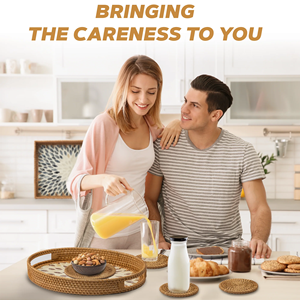 Nouvel arrivage de plateau de service en rotin de café en laque artisanale du Vietnam avec 5 sous-verres en incrustation de nacre - Product Image 2