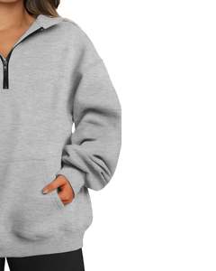 เสื้อสเวตเชิ้ตผ้าฟลีซสีเทาแบบซิปครึ่งตัวสำหรับผู้หญิง ทรงโอเวอร์ไซส์ อุ่นสบายสำหรับฤดูหนาว มีกระเป๋า นุ่มสบาย สไตล์ลำลอง ทรงหลวม - Product Image 2