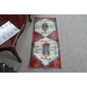 พรมขนแกะแฮนด์เมดสีแดงสีน้ำเงินแบบคลาสสิก1.5 x 3.4ft พื้นที่ขนาดใหญ่แบบตุรกีพรมยางขนาด10มม. สำหรับห้องโถง - Product Image 1