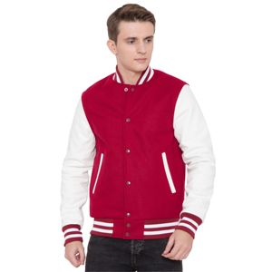 100% corps en laine de cachemire et manches en cuir de vachette véritable Rose rouge et blanc Letterman Varsity CollegeBaseballjacket pour hommes - Product Image 1