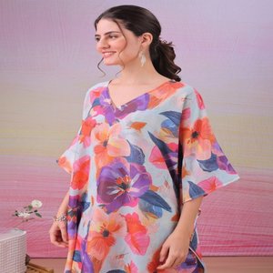 เดรสคาฟตันสั้นผ้าฝ้ายมัสลินสำหรับผู้หญิงเดรสคาฟตันพิมพ์ลายดอกไม้ทำในอินเดีย - Product Image 6