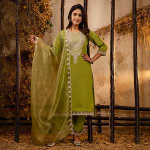 Elegant Indian Ethnic Wear Straight Kurti Pant Set with Embroidery and <b>Organza</b> Dupatta - Product Image 1