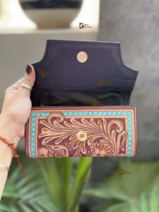 กระเป๋าคลัทช์แกะสลักมือดีไซน์เนอร์วินเทจหนังวัวสีเขียวขุ่นกระเป๋าสตางค์บัตรเครดิตเงินสดของขวัญ - Product Image 5