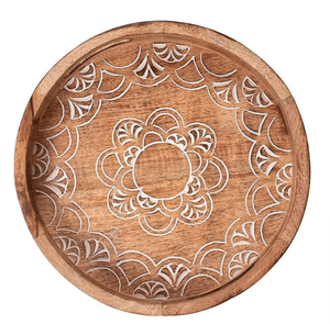 Plateau de service rond en bois d'acacia avec incrustation de nacre Plateau à dessert de vente d'usine pour le Ramadan Eid Cadeau Plateau de service en chocolat - Product Image 1