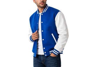 Chaqueta Varsity Azul y Blanca de Lujo Personalizada para Hombre, Chaqueta Varsity con Mangas de Cuero y Letras Bordadas, Manga Regular con Botones - Product Image 1