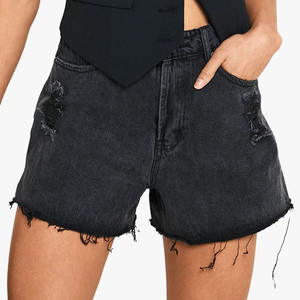 Pantalones cortos de mezclilla para mujer, pantalones cortos de mezclilla elásticos sueltos, informales, de alta calidad, lavados en negro, de verano, con dobladillo crudo, pantalones vaqueros cortos rasgados desgastados - Product Image 3