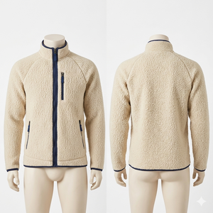 Veste de travail en polaire Teddy Sherpa Premium 450 GSM, crème avec bordure marine, logo personnalisé, fermeture éclair intégrale, hiver, randonnée, camping - Product Image 1