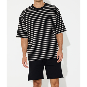 Camiseta de rayas personalizada 280G Camiseta de rayas de pareja de moda pesada Contraste de color Cuello redondo Manga corta - Product Image 5