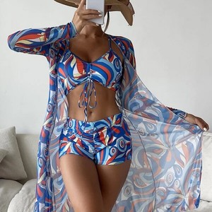 Ensemble de maillot de bain trois pièces pour femmes européennes et américaines, imprimé lettres, taille haute, manches longues, avec fente - Product Image 3