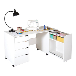 Tavolo da Lavoro per Artigianato e Cucito con Cassetti Portaoggetti e Superficie Antigraffio, Bianco Puro, da Produttore di Mobili con Oltre 20 Anni di Esperienza - Product Image 1