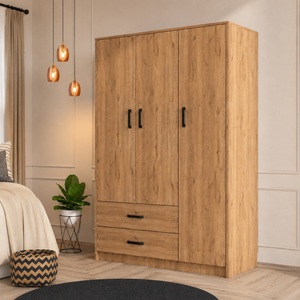 Armoire en panneaux de particules de mélamine, 3 portes, rangement pour vêtements de chambre, 2 tiroirs, poignées métalliques, design moderne pour la maison - Product Image 5