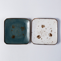 Assiettes de service carrées en céramique blanches rétro peintes à la main sans plomb pour restaurants, 8 et 10 pouces, style coréen, émaillées bleu-vert, pour fournitures hôtelières