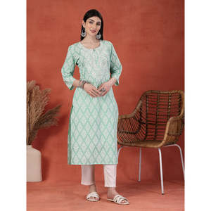 ชุดคุर्ตาผ้าฝ้ายทรงตรงสำหรับผู้หญิง ลายดอกไม้ คอวี แต่งดิ้น ระบายอากาศได้ดี เอวทรงธรรมชาติ - Product Image 5