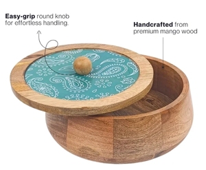 Olla de Cachemira Verde Hecha a Mano, Tapa Impresa, Mango Wood, Caja Chapati, Olla Caliente, Cazuela con Tapa, Decoración de Cocina, Roti Dabba de Madera Redonda - Product Image 3