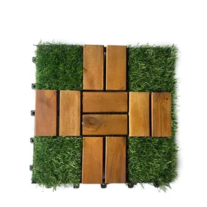 Trending artificial Grass Tiles mixed solid wood 12"x12" Outdoor Tiles for Grass Interlocking Tiles for Patio balcony Viet Wood