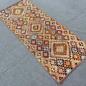 2.4x5.6 ft Rug, Vintage Kilim Rug, Turkish <b>Brown</b> <b>Wool</b> Patchwork Rug - Product Image 4