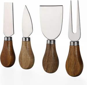 Juego de cuchillos para queso de 4 piezas Mango de madera Cuchillos de acero inoxidable con cortador de queso Cortador Afeitadora Tenedor - Product Image 2