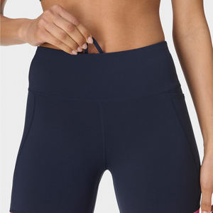 Véritable short de gym taille haute sans couture Navy Pink Trim Custom Active Training Workout Compression Shorts Elastic Waist Side - Product Image 2