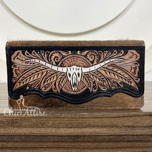 Usine prix de gros concepteur usiné à la main en cuir de vachette à deux volets Long portefeuille pour femmes Longhorn Bull Skull Design embrayages - Product Image 1