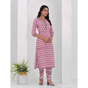 ชุดกางเกงคุรตะผ้าฝ้ายพิมพ์ลายบล็อกสีชมพู แขนสามส่วน สำหรับใส่ในชีวิตประจำวัน - Product Image 4
