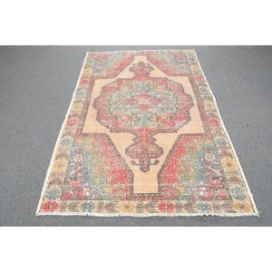 Vintage Area Rug, 4.4x7 ft Turkish Rug, <b>Red</b> Animal Print <b>Wool</b> Rug - Product Image 1